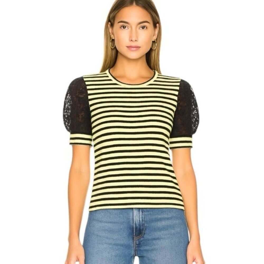 Tanya Taylor Striped Knit Lace Puff Sleeves Top Shirt Size M